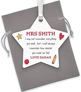 PERSONALISED Star Teacher Thank You Gifts - Teacher Appreciation Presents - End of Term Gifts for Teacher, Teaching Assistant, Key Worker - Special Teacher Wooden Star Plaque - With Grey Bag