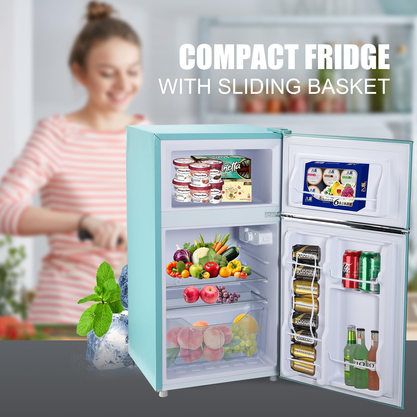 WANAI Compact Refrigerator 3.5Cu.Ft Classic Retro 2 Door Mini Fridge Adjustable Remove Glass Shelves Suitable for Dorm Garage and Office on Fridge.com