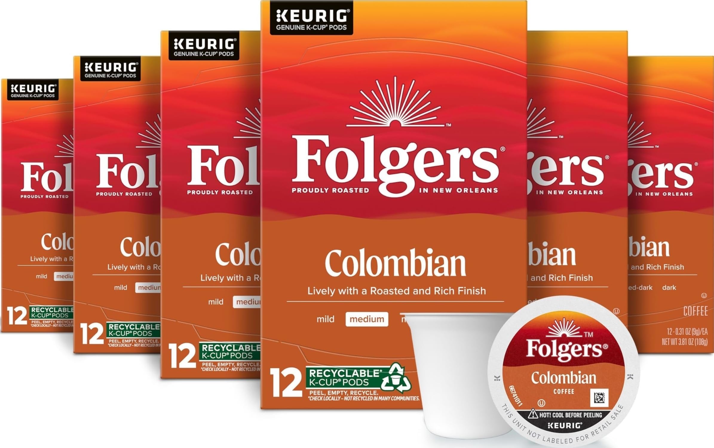 Colombian Coffee, Medium Roast, Keurig K-Cup Pods, 72 Count | 6 (12 count) boxes, Compatible with Keurig coffee makers