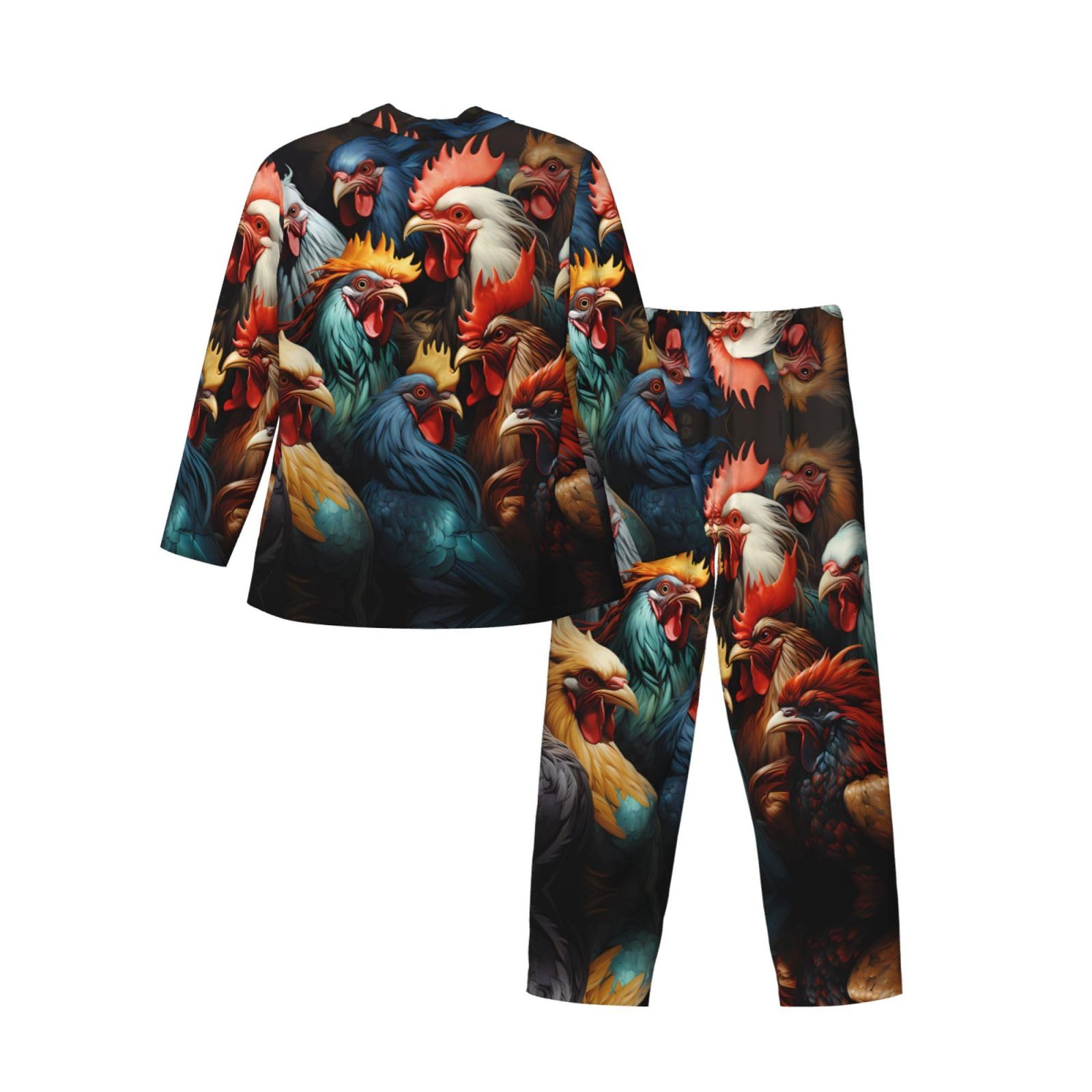 Galli colorati in piedi insieme Set pigiama a maniche lunghe morbido stampato da uomo, abbigliamento casual