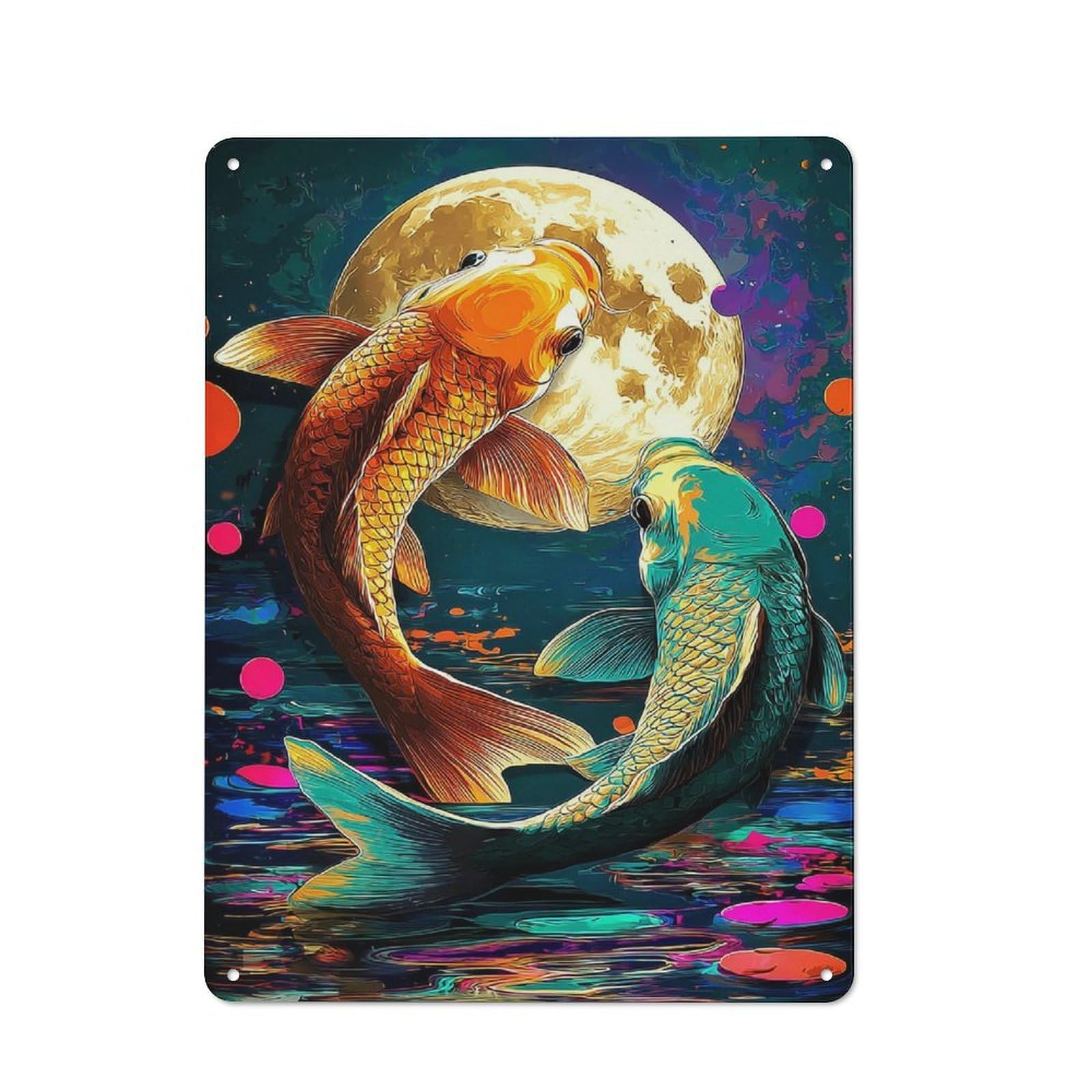 Junmoney Koi Fish Under The Moonlit Sky Rustic Metal Wall Sign 40X30cm For Kitchen Or Home Bar, For Garage, Workshop And Man Cave Decoration