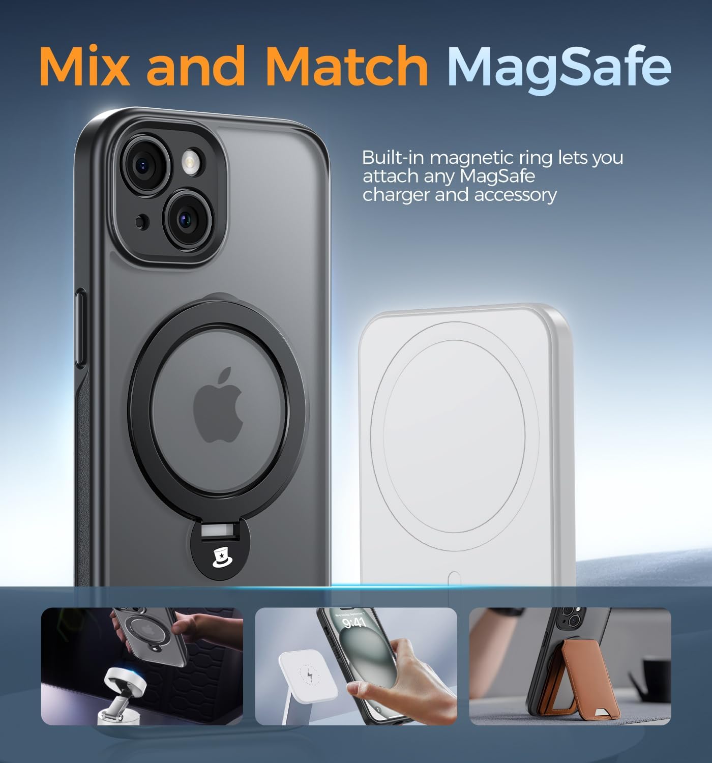 MAGIC JOHN Designed for iPhone 15 Case 6.1'', with 360° Rotatable Magnetic Metal Stand [Military Drop Protection] [Compatible with MagSafe] Shockproof Translucent, Black - Image 3