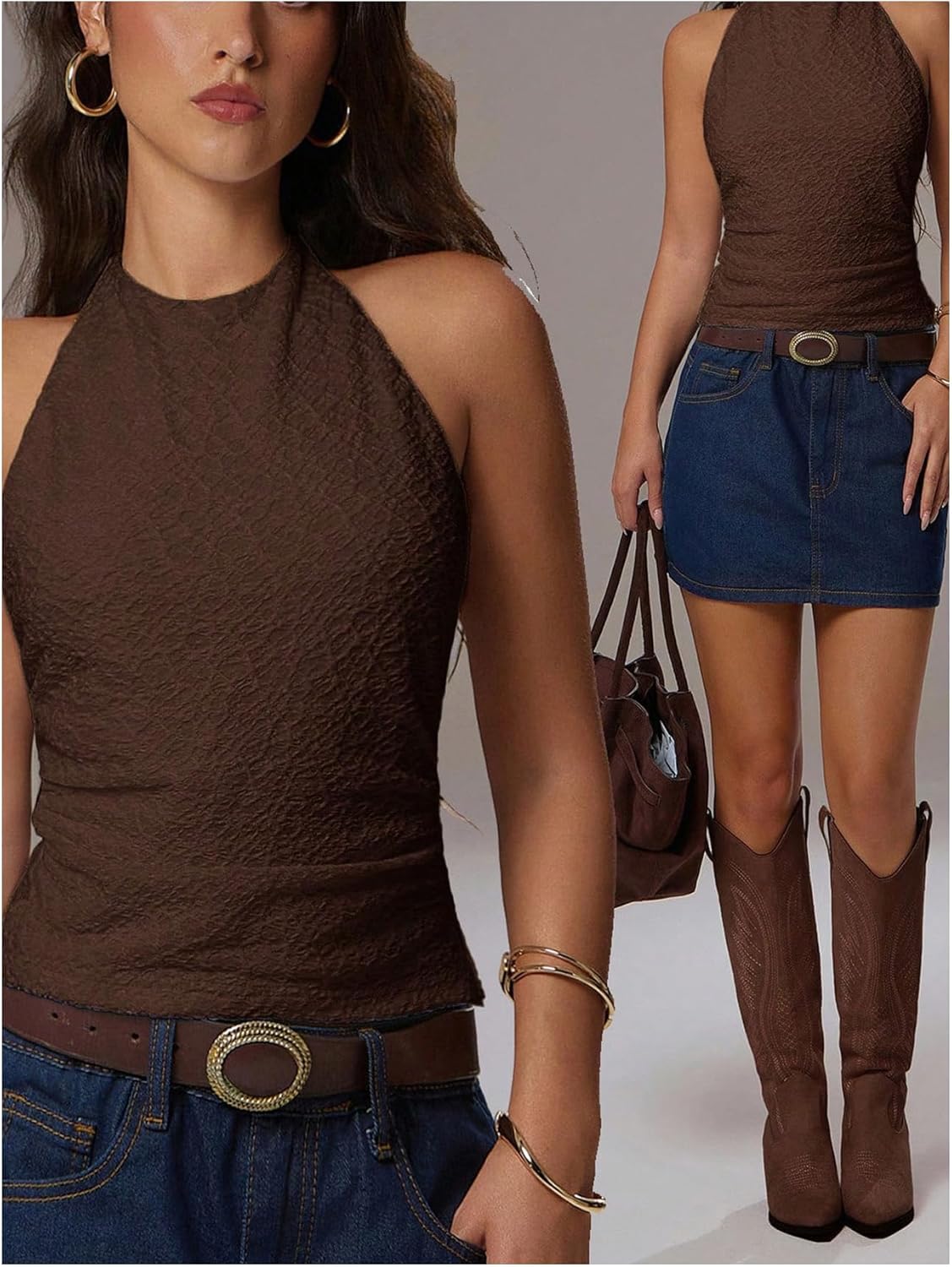 SHENHE Women's Textured Halter Top Tie Backless Ruched Sexy Y2k Going Out Tank Top - Image 3