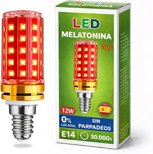 1 Luz roja nocturna melatonina, E14 - LED, 0% luz azul, Lampara luz roja nocturna melatonina, bombilla roja para dormir mejor, Luz roja bebe relajante y terapeutica.