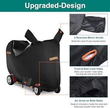 Mobility Scooter Covers Waterproof Heavy Duty with Rearview Mirror Pockets & Reflective Strips,420D Oxford Fabric SRIMMIT Scooter Cover,Windproof Buckles,Air Vents,Universal Fit - L 49 x 23x 39