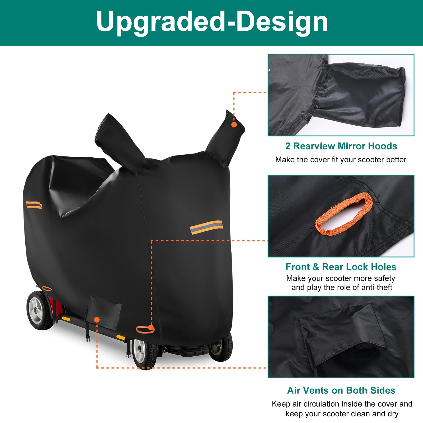 Fundas para scooter de movilidad para almacenamiento exterior, cubierta impermeable para scooter de movilidad 420D, capucha de espejo retrovisor, tiras reflectantes, hebillas resistentes al viento y