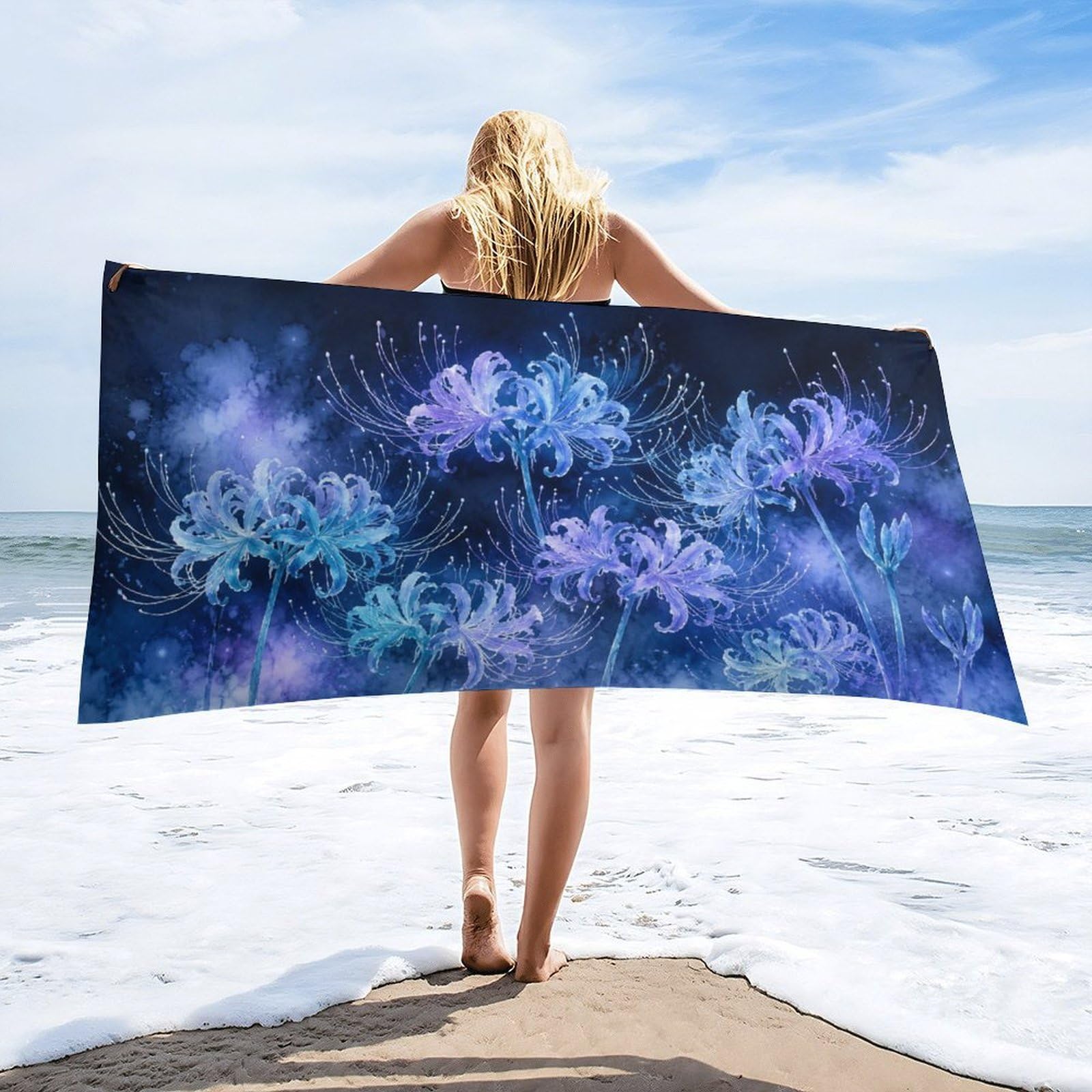 Anceky Blue Spider Lily Flowers Beach Towel 32"×63",Soft Microfiber Bath Towel Shawl, Quick Dry Absorbent Pool Spa Gym Shower Towel