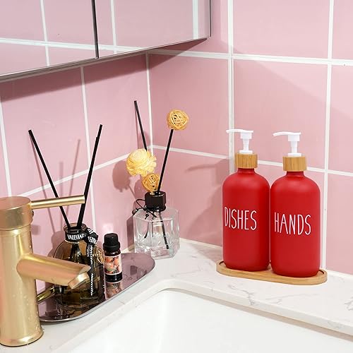 Miniatura 4 de Funly mee Juego de 2 dispensadores de jabón de vidrio de granja con bandeja de madera, jabón de manos y dispensador de jabón de platos para cocina y