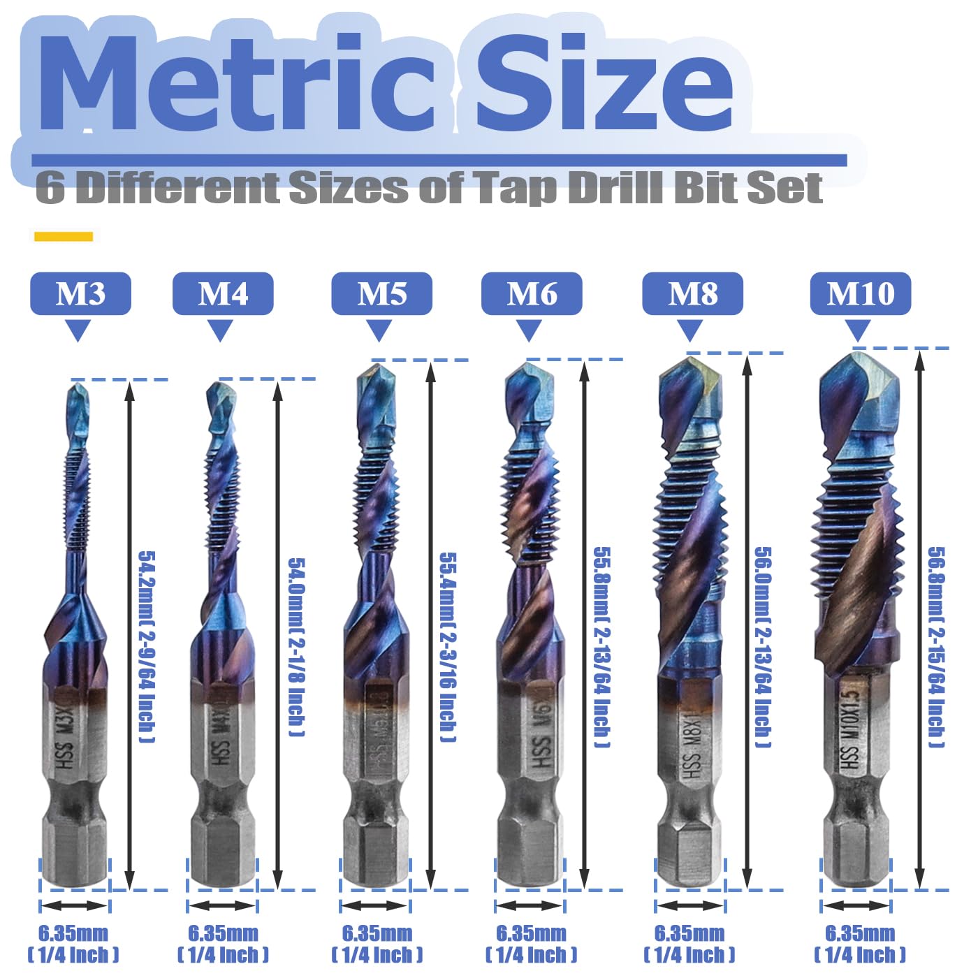 Snapklik.com : Mesee 6 Pieces HSS Tap Drill Bit Set M3 M4 M5 M6 M8 M10 ...