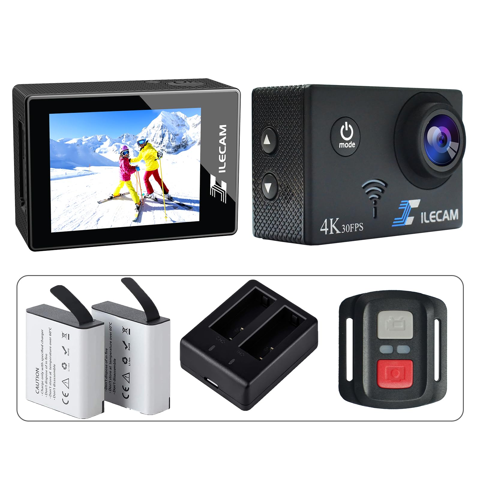 Xilecam X8000Pro Caméra Sport 4K WiFi 131FT Étanche 2.4G 2×1350mAh Batterie Sac Accessoire