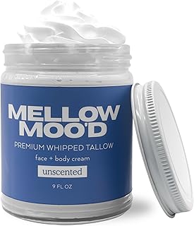 Mellow Moo'd Unscented Whipped Grass Fed Beef Tallow - Face + Body Cream - Tallow Moisturizer for Sensitive Skin - Natural Body Butter Lotion XTRA Large 9 FL OZ - Made In USA