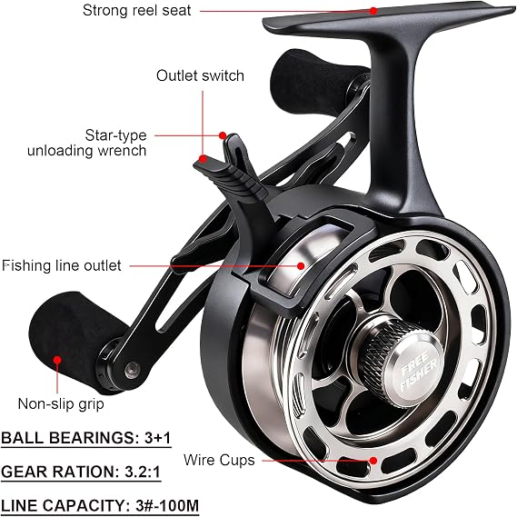 Ice Fishing Reels 3.2:1 Gear Ratio Ultra Smooth 3+1Ball Bearings Strength CNC-machined Aluminum Inline Ice Fishing Reel with Left/Right Hand Retrieve