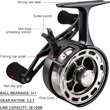 Ice Fishing Reels 3.2:1 Gear Ratio Ultra Smooth 3+1Ball Bearings Strength CNC-machined Aluminum Inline Ice Fishing Reel with Left/Right Hand Retrieve