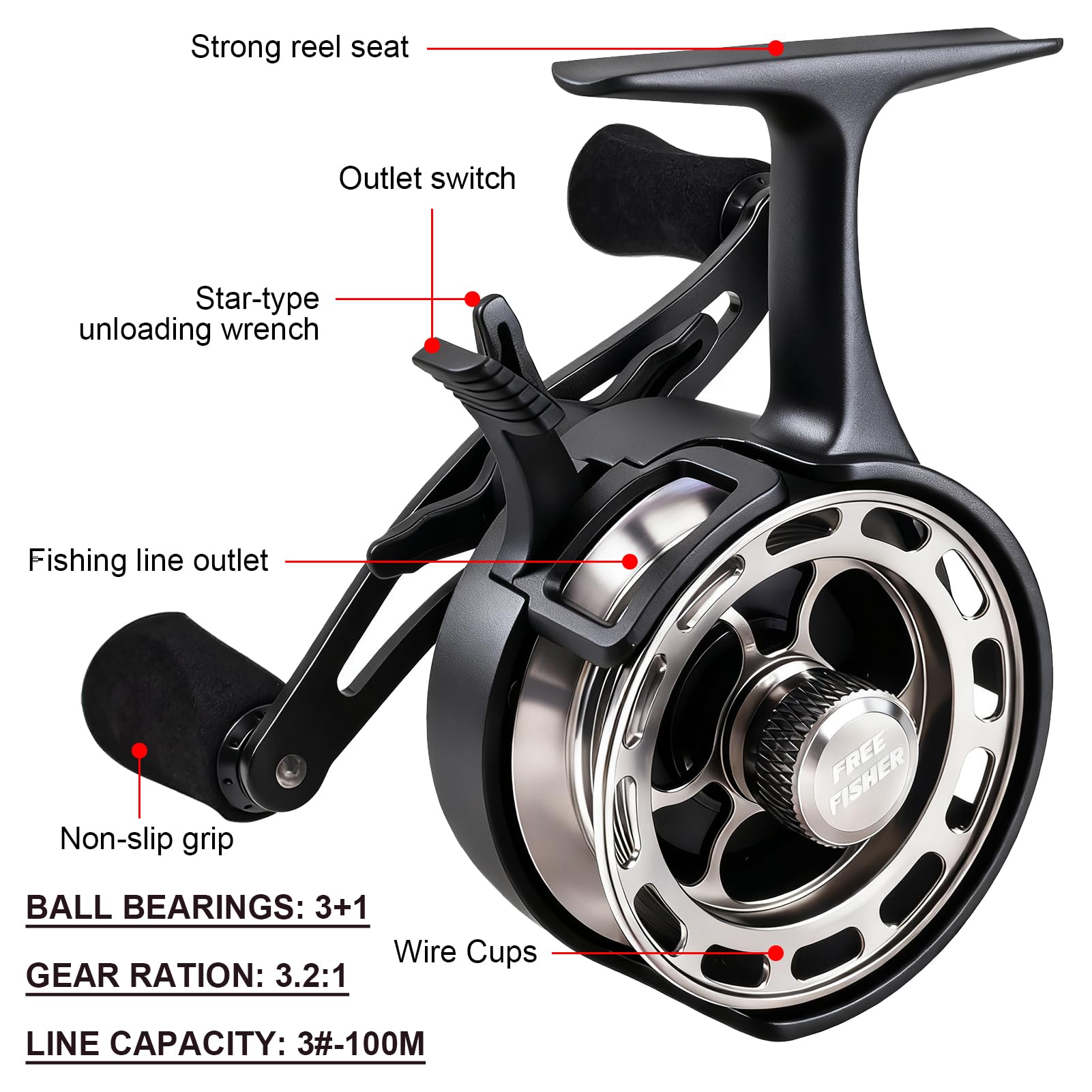 FREE FISHER Ice Fishing Reels 3.2:1 Gear Ratio Ultra Smooth 3+1Ball Bearings Strength CNC-machined Aluminum Inline Ice Fishing Reel Black Left Hand Retrieve : Sports & Outdoors