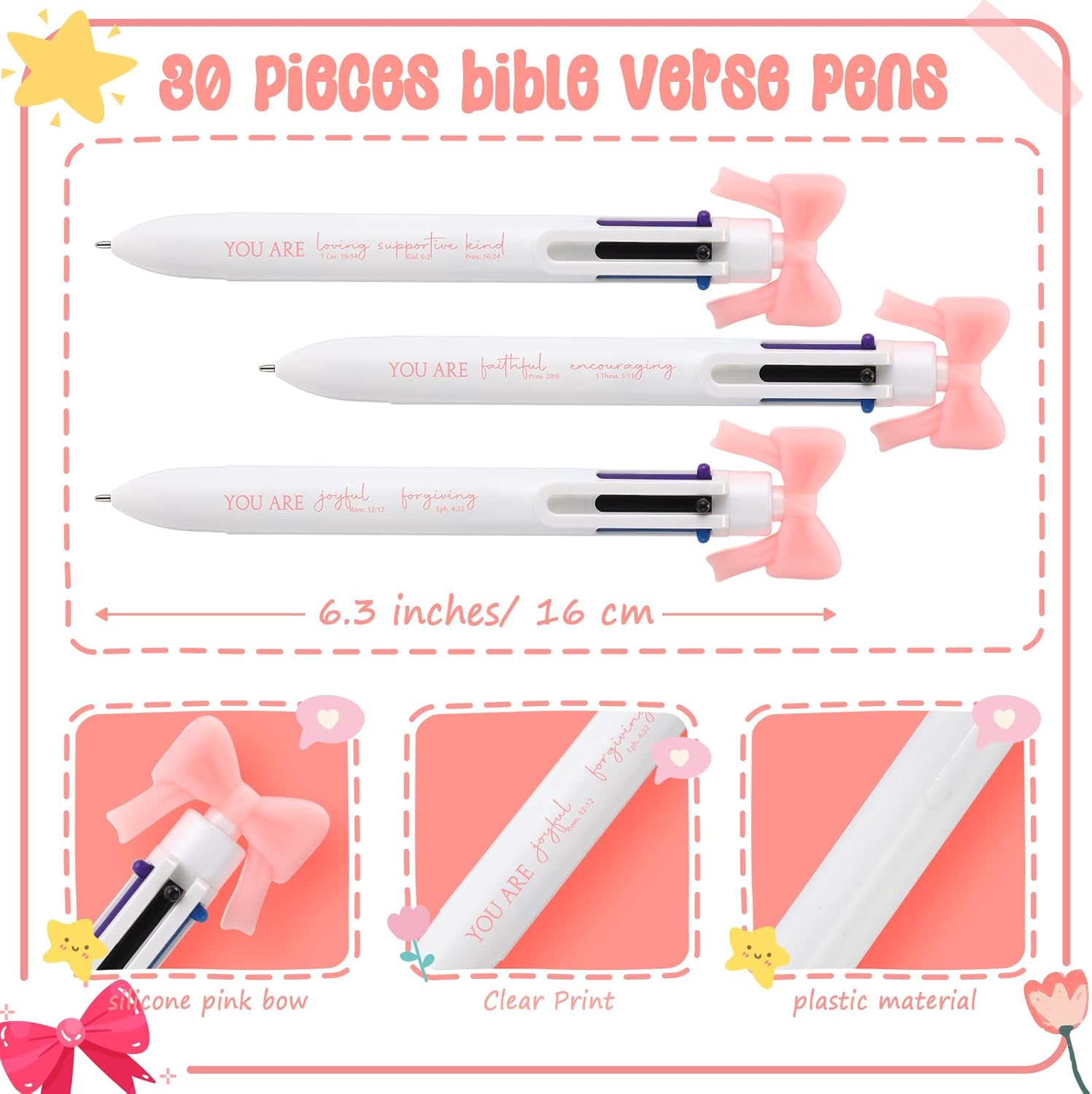 Sayglossy 30 Pcs Christian Pens with Pink Bow, Bible Verse Ballpoint Pens for Women, Cute Religious Pen Set, Christian Gifts for Women, Mother's Day Favors and Stationery Volunteer Appreciation Gifts