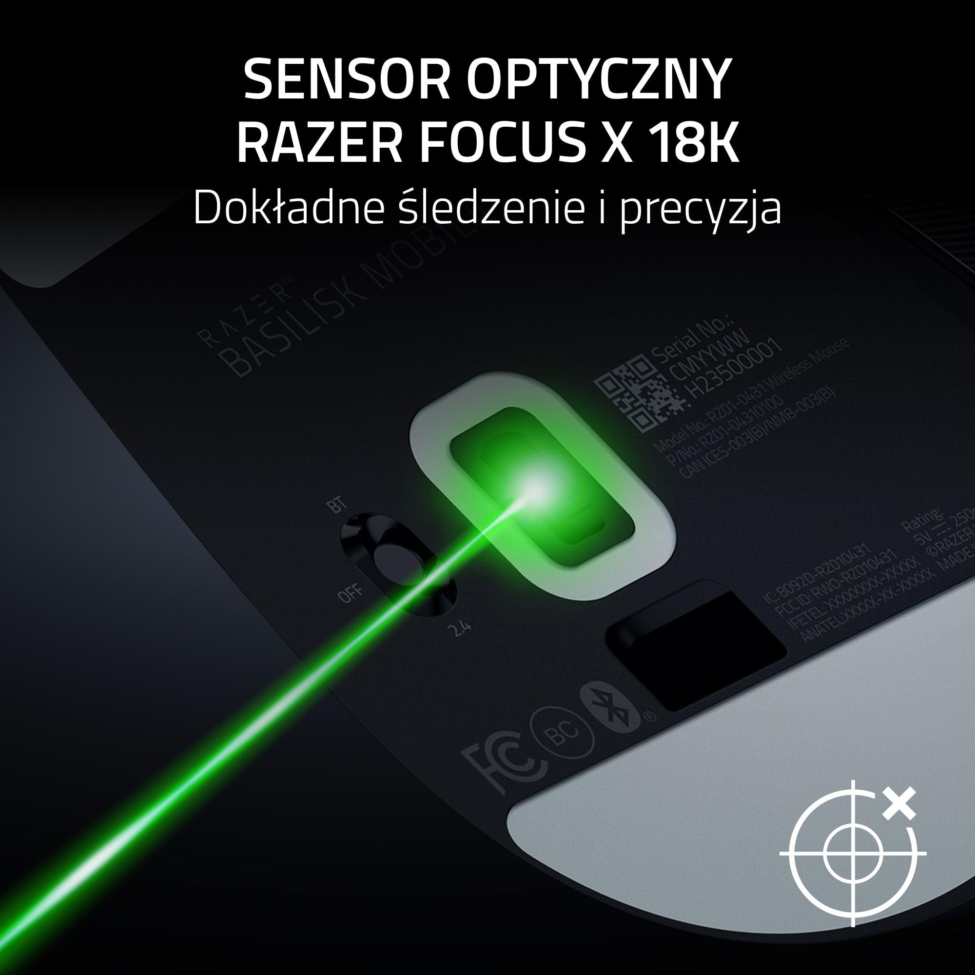Razer Basilisk Mobile - mała przenośna ergonomiczna bezprzewodowa mysz do gier - AI Prompt Master - czujnik Focus X 18K (łączność w trzech trybach, do 105 godzin) Czarny