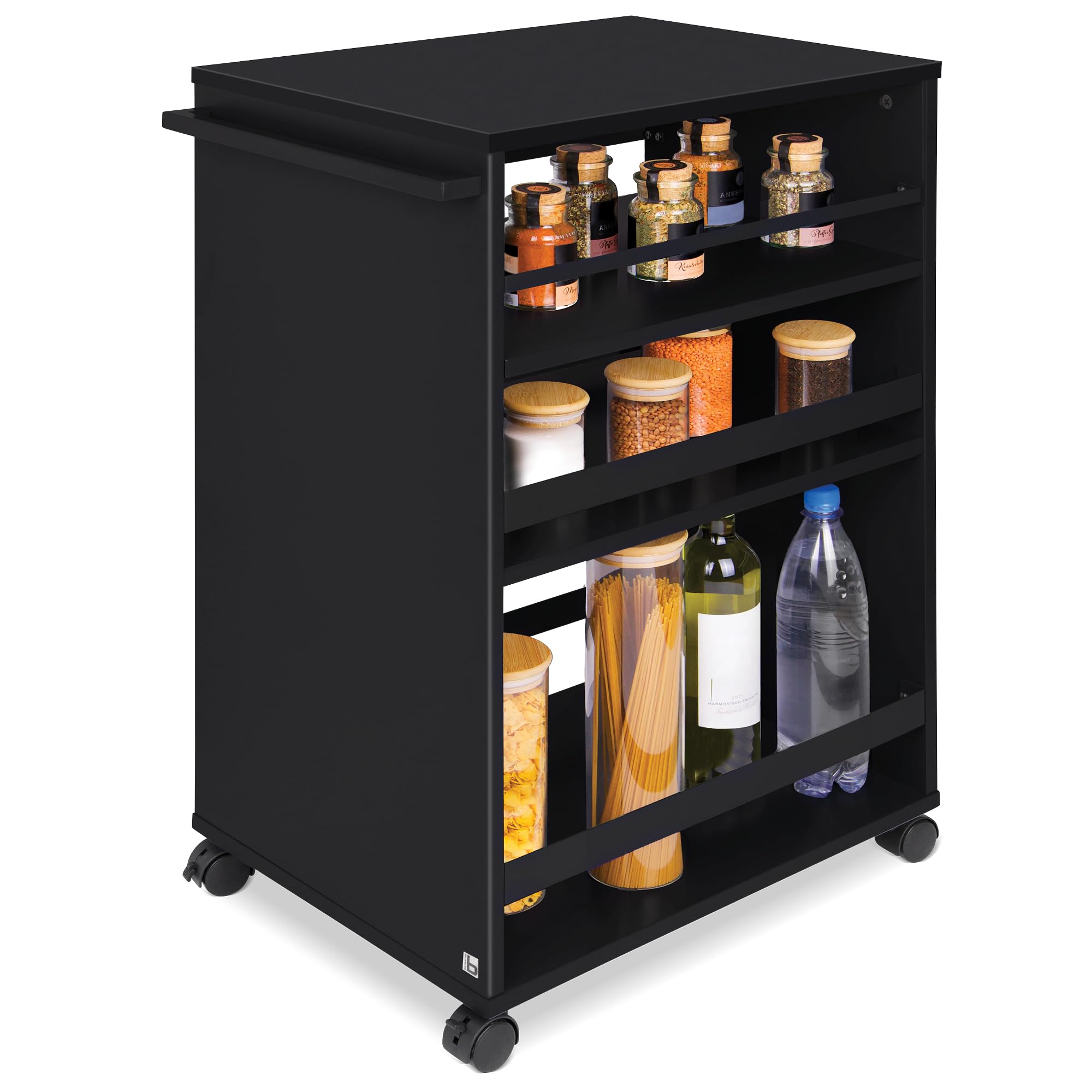 bomoe Kitchen Cart Serving Trolley Wheels with 3 Adjustable Levels, Kitchen Worktop FSC® Wood Universal Rolling Cart for Bathroom – Freestanding Niche Bengt Black