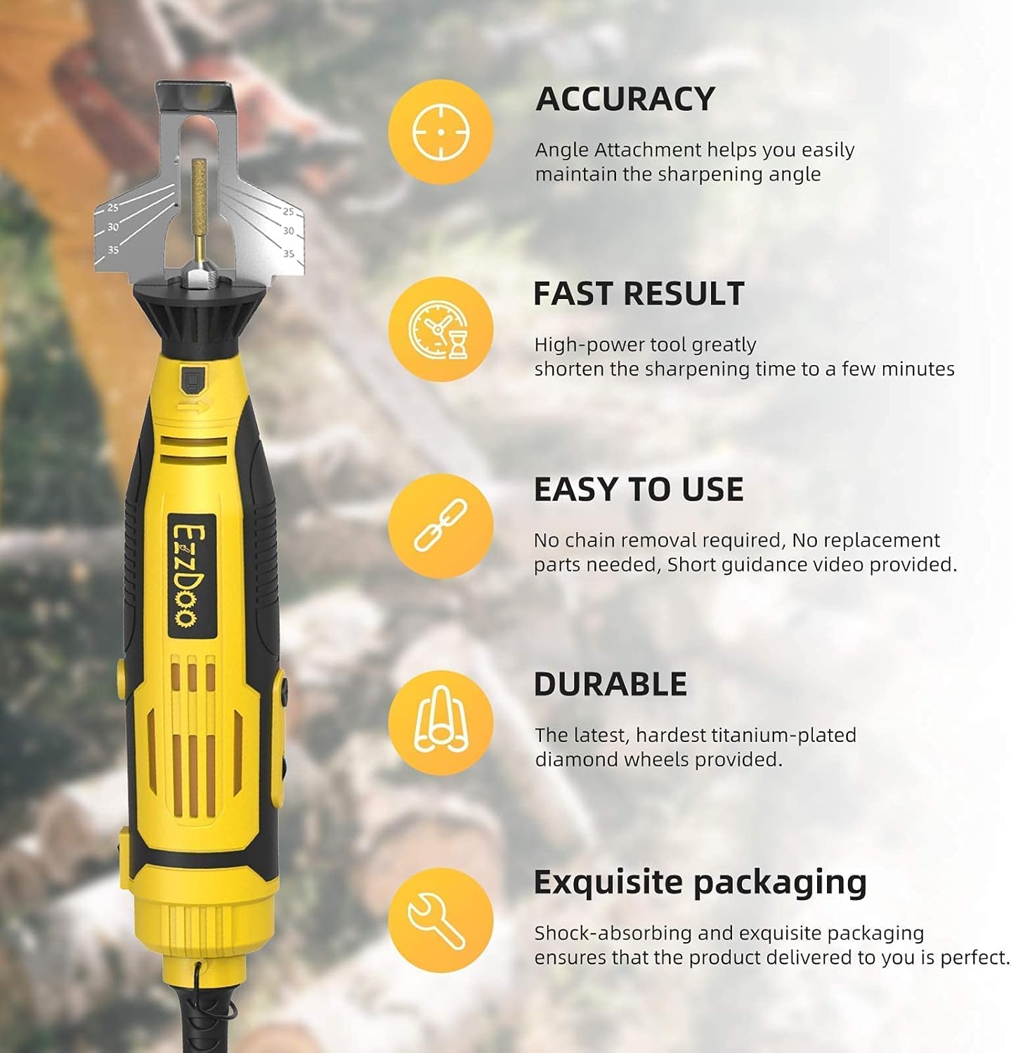 EzzDoo 3 in 1 Electric Chainsaw Sharpener Kit with TITANIUM PLATED Chain saw Files High Speed Chainsaw Chain Sharpener Electric Tool and 4 Sizes High Hardness Diamond Sharpening Wheels Accessories : Patio, Lawn & Garden