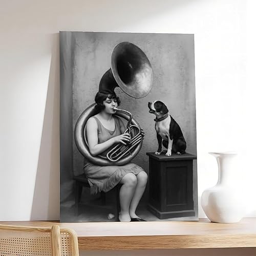 Miniatura 7 de Music Art Dog Love Vintage Sound Gramophone Black White Quirky Pair Musical Girl Pet Portrait Retro Mood Classic Sound Pup Style Audio Art Canvas