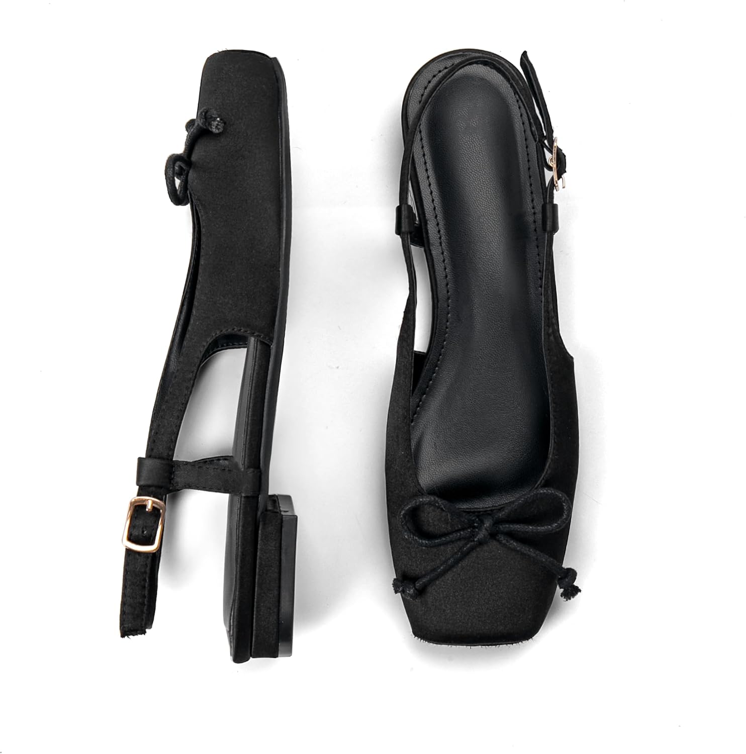 Women's Ballet Flats Slingbacks Square Toe Bow Knit Dressy Flat Shoes with Ankle Buckles Satin