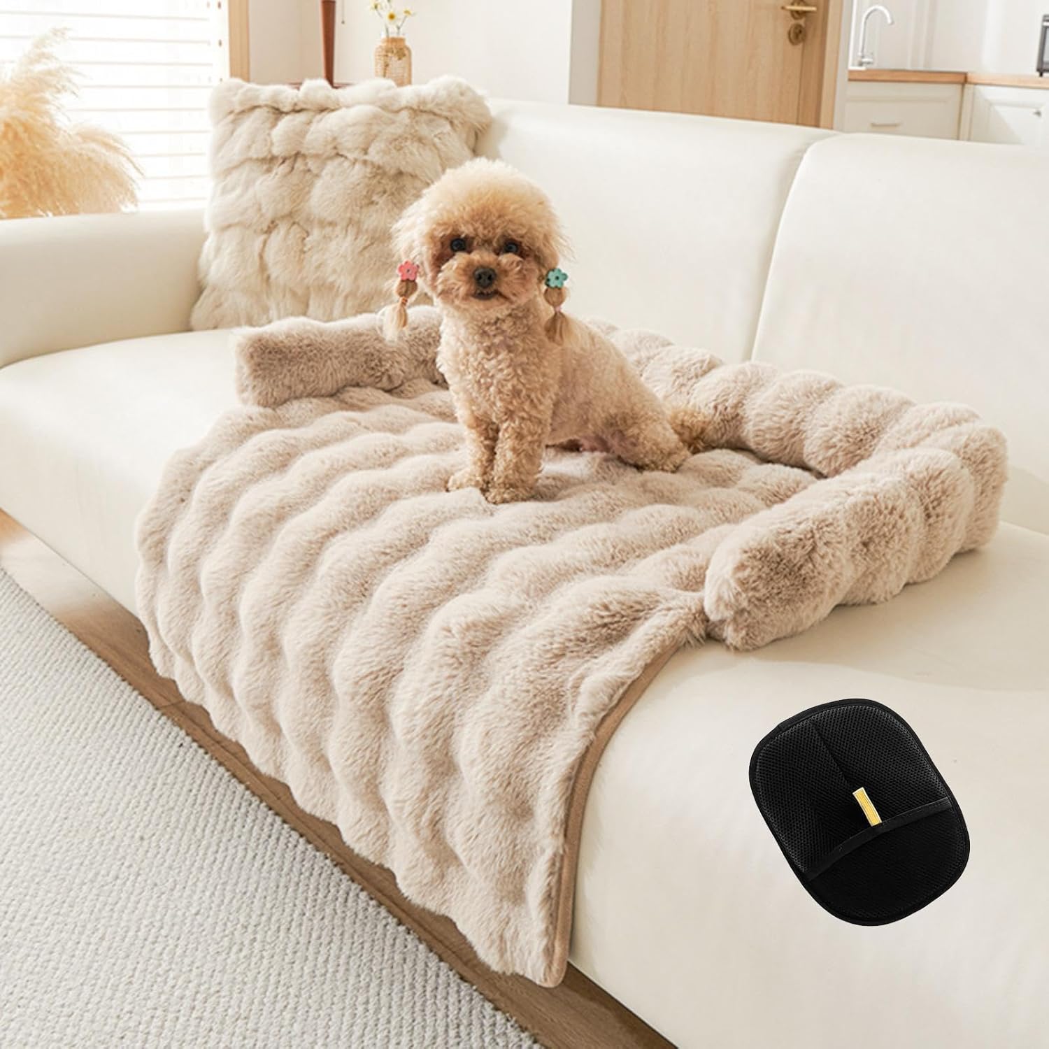 Luxurious Cozy Dog Couch Bed, Washable Removable Calming Pet Sofa Cover, Fluffy Plush Dog Mat for Furniture Protector and Car (Light Brown)
