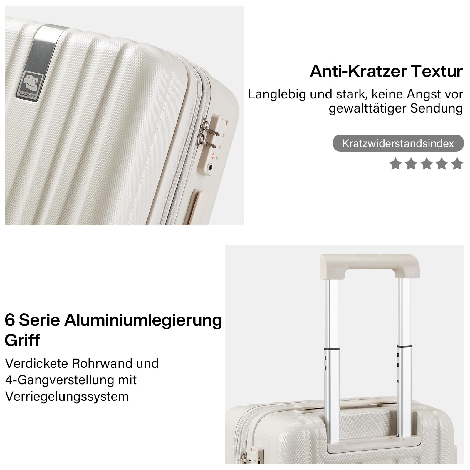 Hanke Handgepäck Koffer PC Hartschalenkoffer mit 360° Spinner Rädern Trolley Reisekoffer mit TSA-Lock 49cm (37L), Elfenbein
