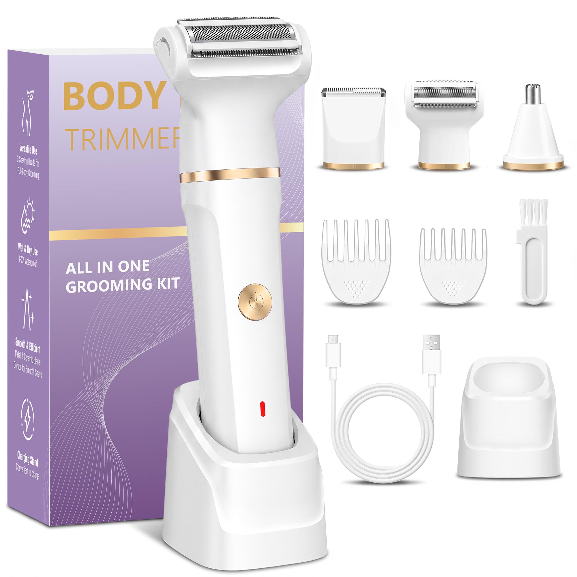 Rasierer Damen,3-In-1 Intimrasierer für Frauen & Gesichtshaarentferner für Frauen,IPX7 Wasserdicht, Nass&Trocken,Damenrasierer Elektrisch für Bikinizone,Achseln,Beine,Bikini Trimmer mit USB Aufladung