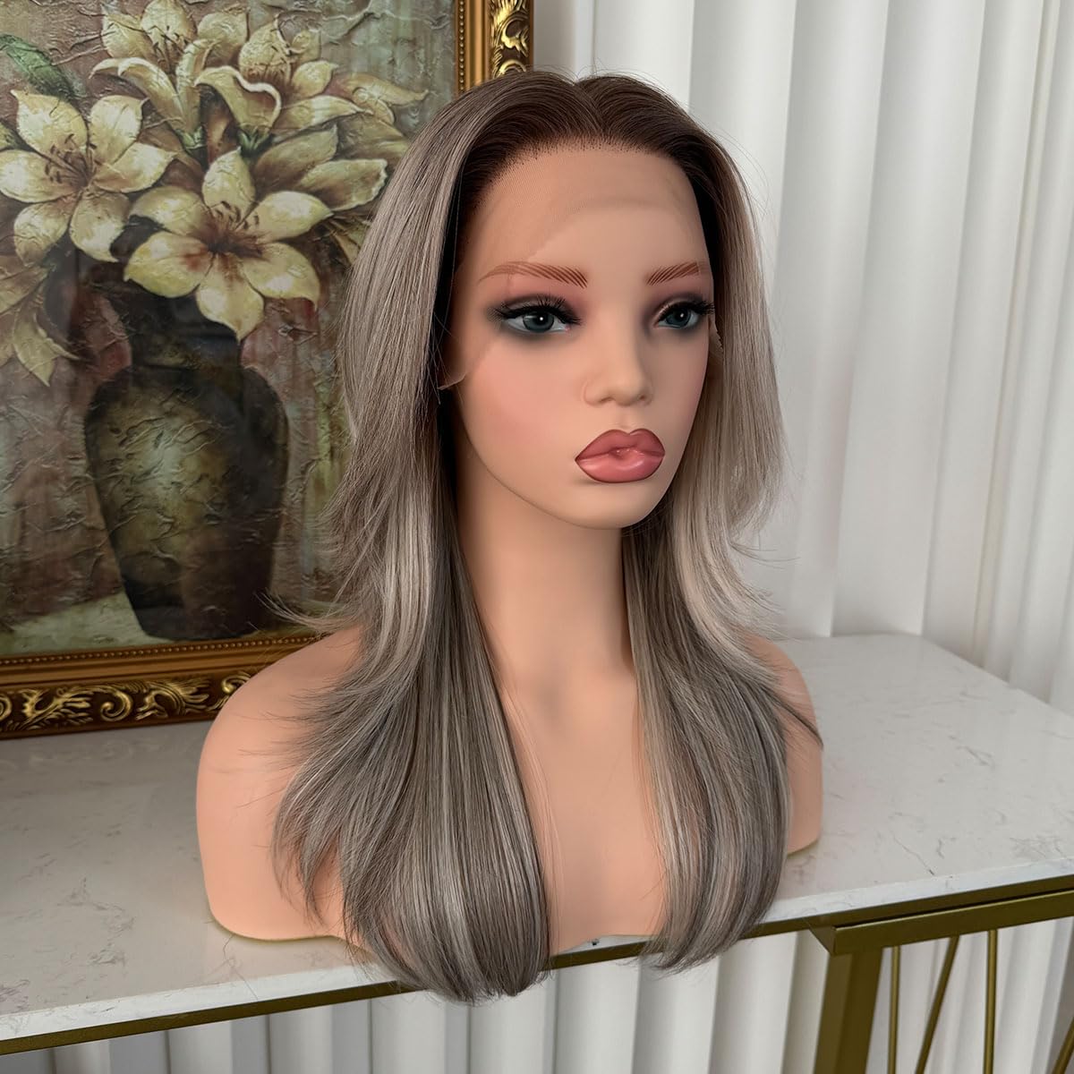 Lovestory 13x6 Lace Front Synthetic Wig for Women, 16 Inch Brown Ombre Highlights Hair Wig, Natural Look, Heat Resistant, Easy to Wear