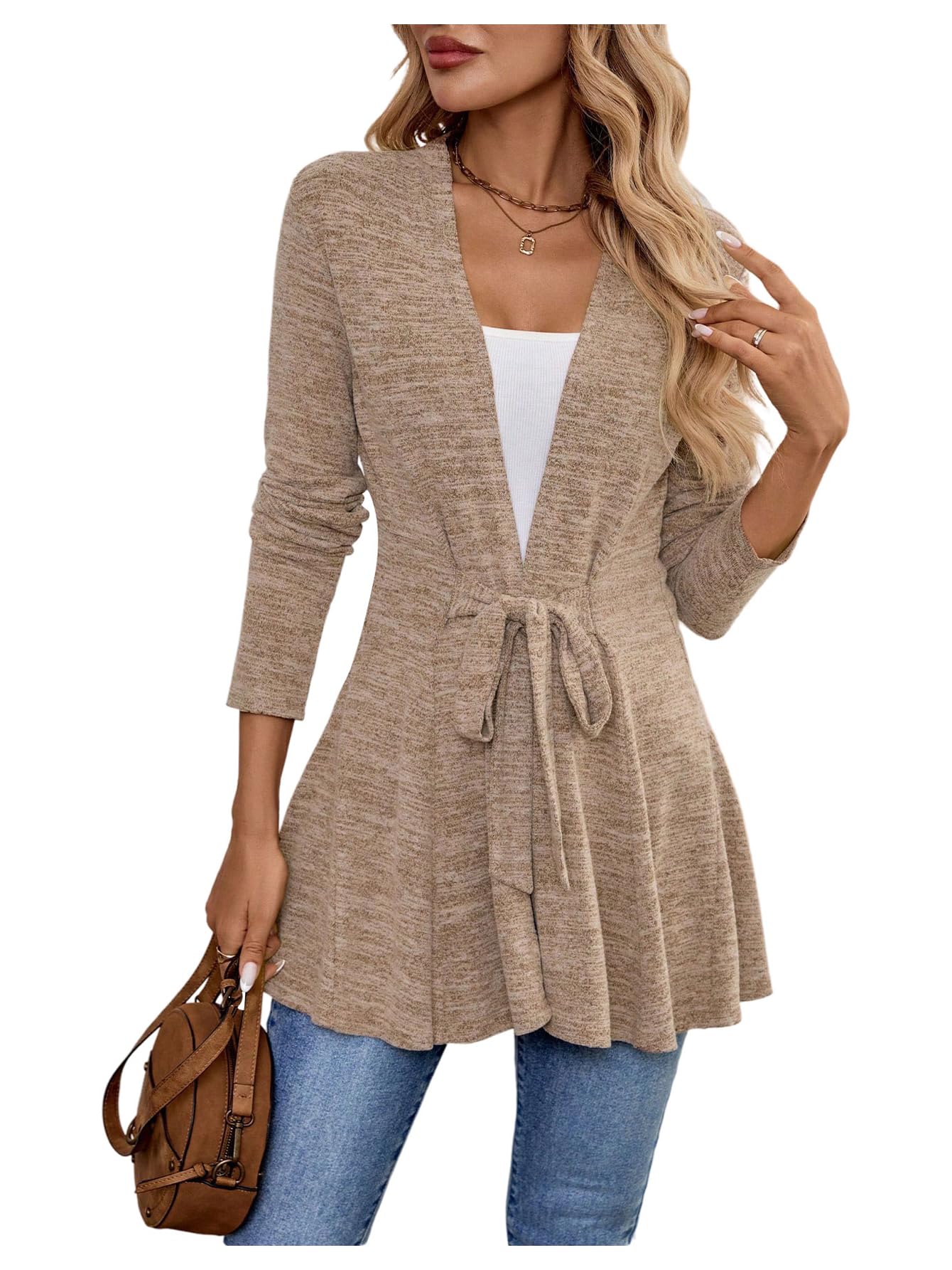 Womens Open Front Cardigan Fall Tie Front V Neck Long Sleeve Dressy Casual Outerwear