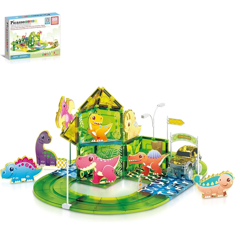 PicassoTiles Dinosaur Magnetic Tiles Racecar Track with 8 Magnet Tile Dino Toys 2 Cars Street Sign Accessory Kit Construction Building Blocks Educational Picasso Toy for Kids Ages 3 and up PTR02