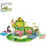 PicassoTiles Dinosaur Magnetic Tiles Racecar Track with 8 Magnet Tile Dino Toys 2 Cars Street Sign Accessory Kit Construction Building Blocks Educational Picasso Toy for Kids Ages 3 and up PTR02