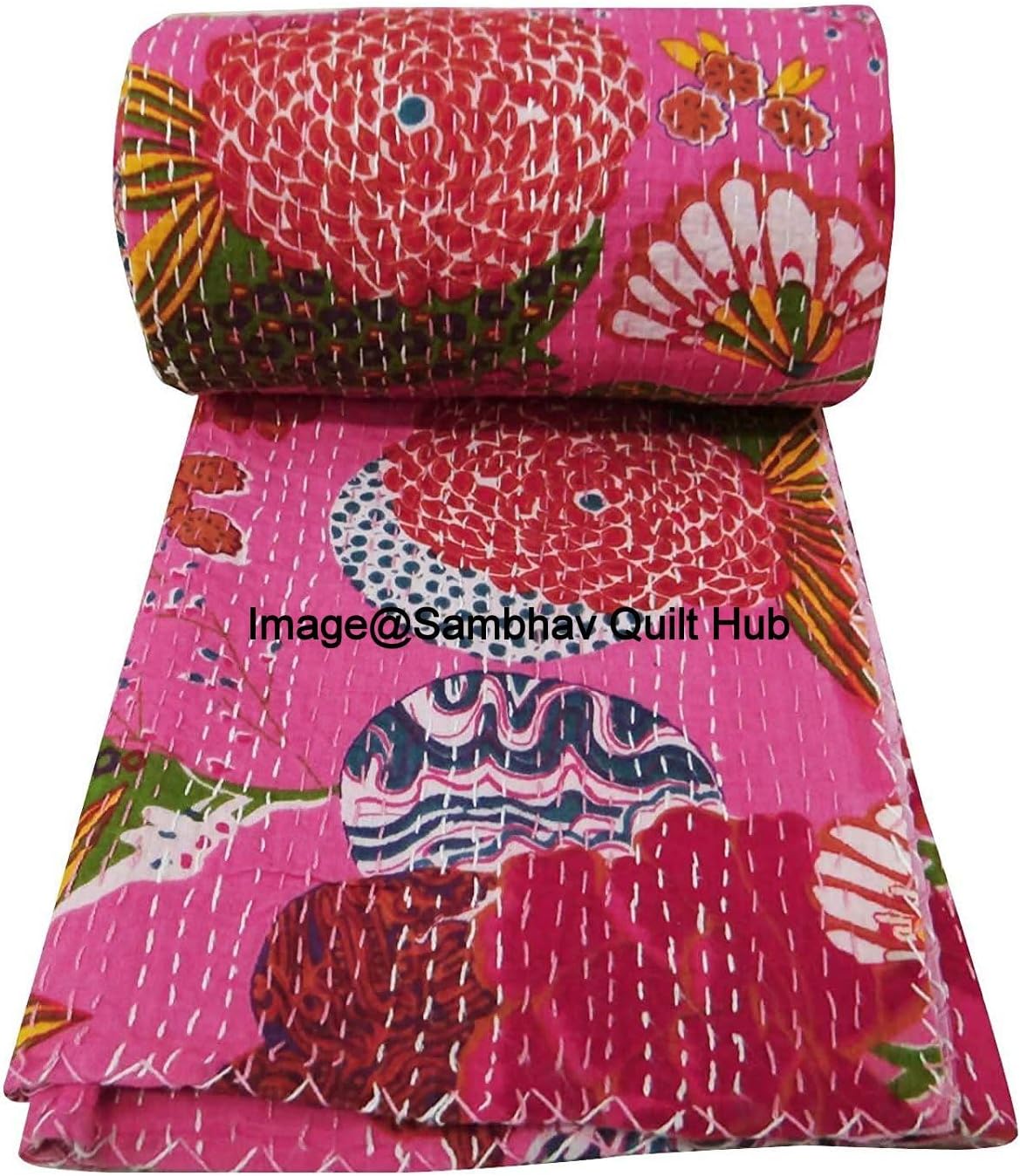 Queen/Twin/King Indian Fruit Reversible Bedspread Pattern Gudri Pure Cotton Kantha Style Quilt Floral Fruit Print Decorative Kantha Stitch Quilt (90X108 inches)