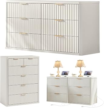 LEYAOYAO Fluted Dressers & Nightstand Set of 4, Wood 48" Wide Dresser & 42" Tall Chest of Drawers,Modern Bedroom Furniture Sets,White Wooden Nightstand Set of 2 with 3 Drawers & Charging Station