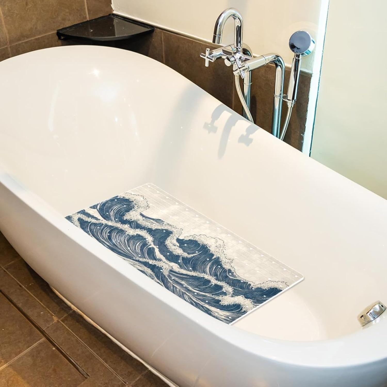Bathtub Mats for Shower Tub, Anti-Slip Bath Mats for Inside Tub, Bathroom Shower Mats with Drain Holes and Suction Cups (Abstract Art Ocean Waves Vintage Style)