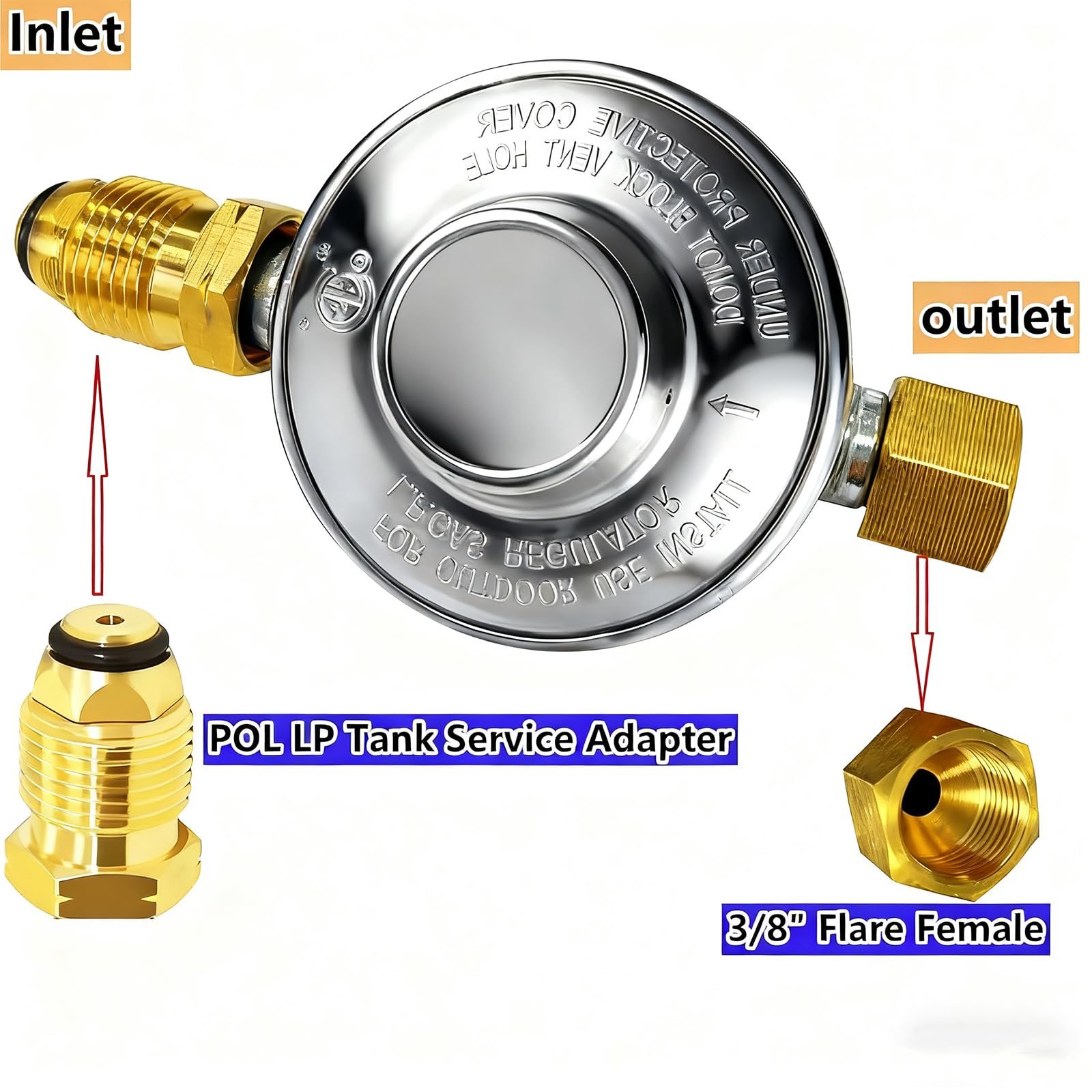 F276136 Regulador de baja presión de propano de 11 pulgadas W.C, manguera de propano multifunción de 1/4 pulgadas, 1/2 pulgadas y 3/8 pulgadas, adaptador universal