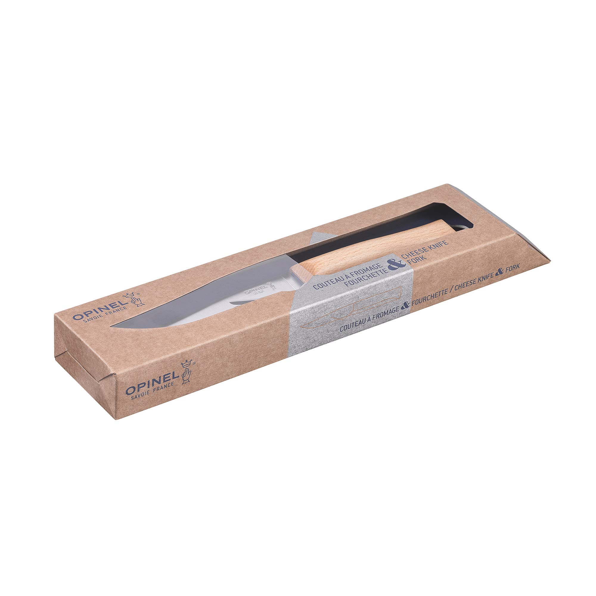 Opinel - Set di Formaggi - 1 Coltello da Formaggio Pieghevole, 1 Forchetta da Formaggio - Lama di 12,5 cm in Acciaio Inossidabile - Manico in Legno di Faggio - Fabbricazione Francese
