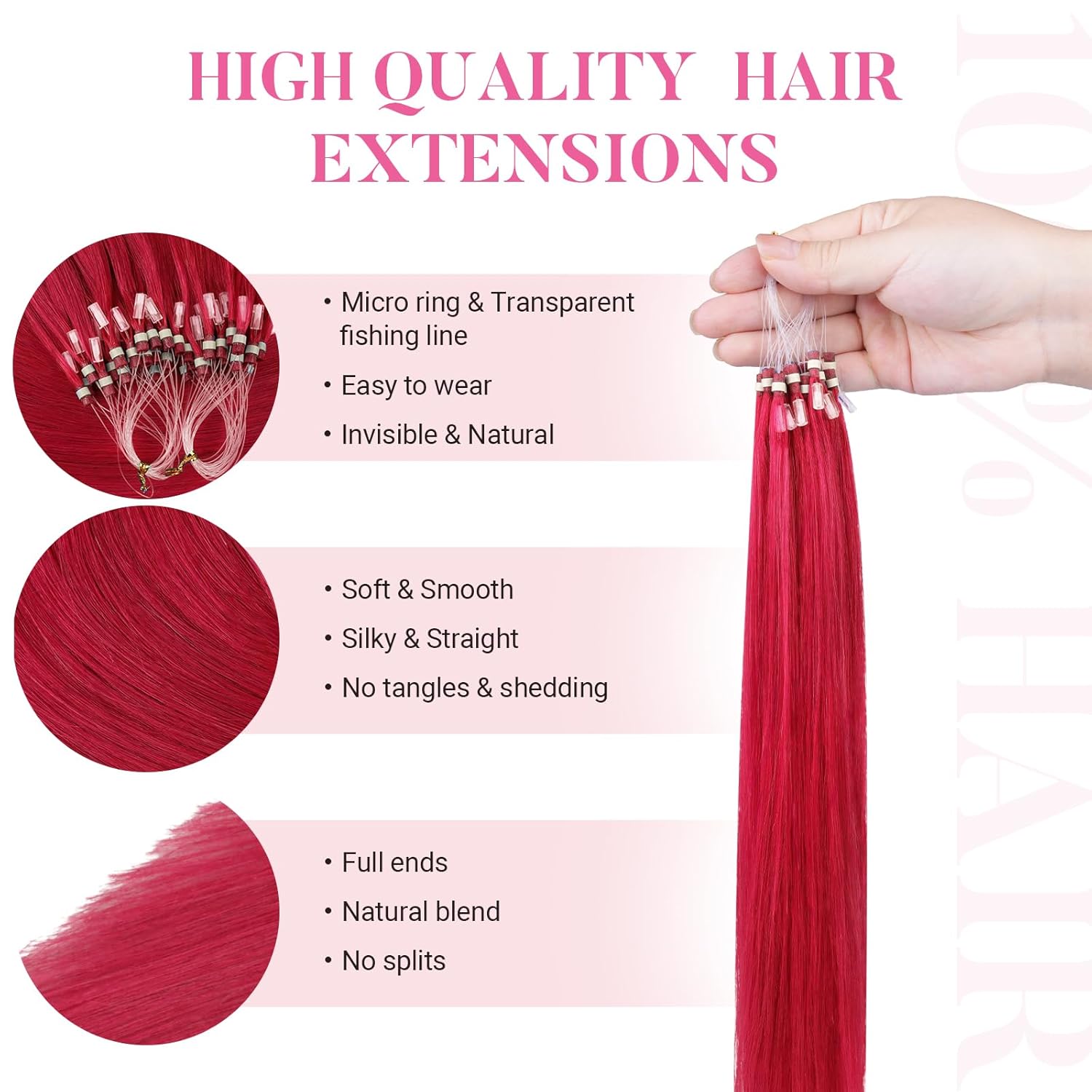 MAXITA Microlink Hair Extensions Human Hair, Red Micro Beads Hair Extensions Real Human Hair, Colored Highlight 16 Inch 25g/25 Strands/Pack Straight Hair for Party