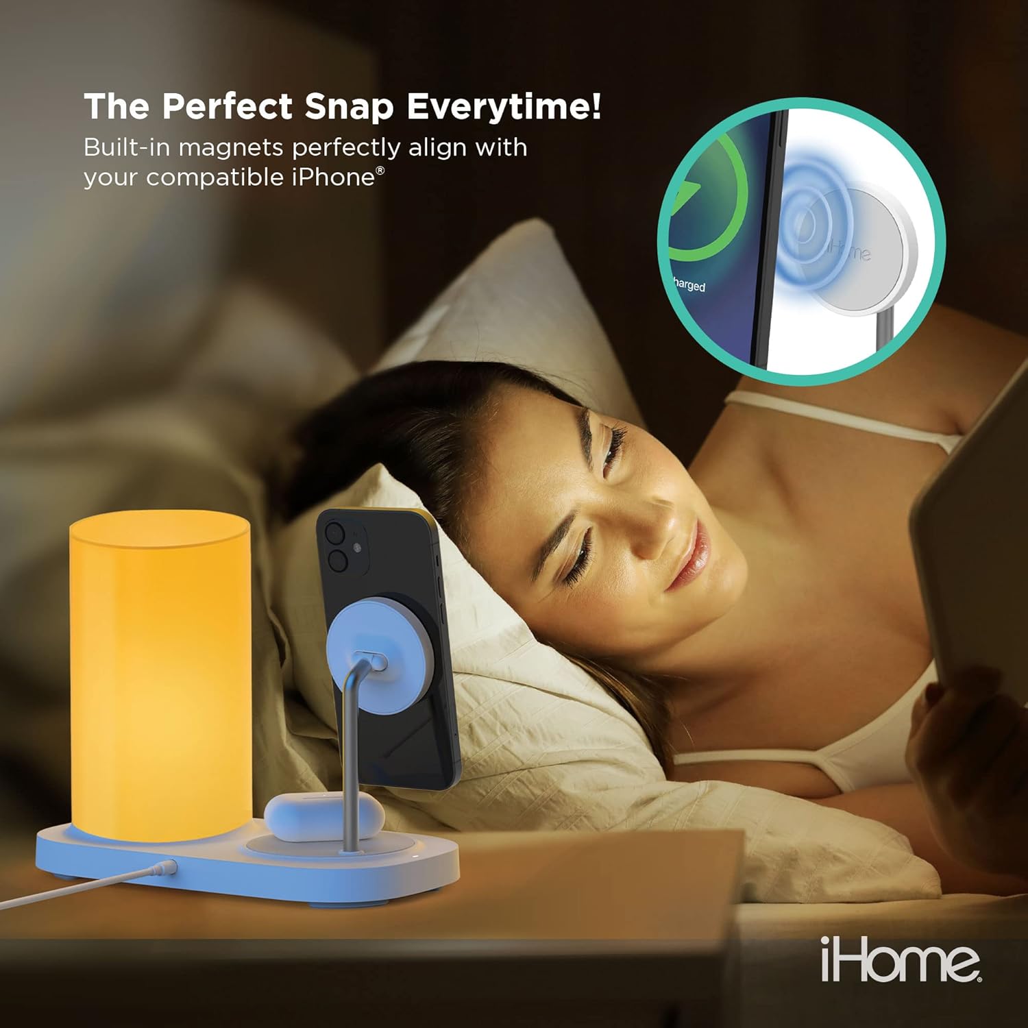 iPhone magnetically attached to charging stand