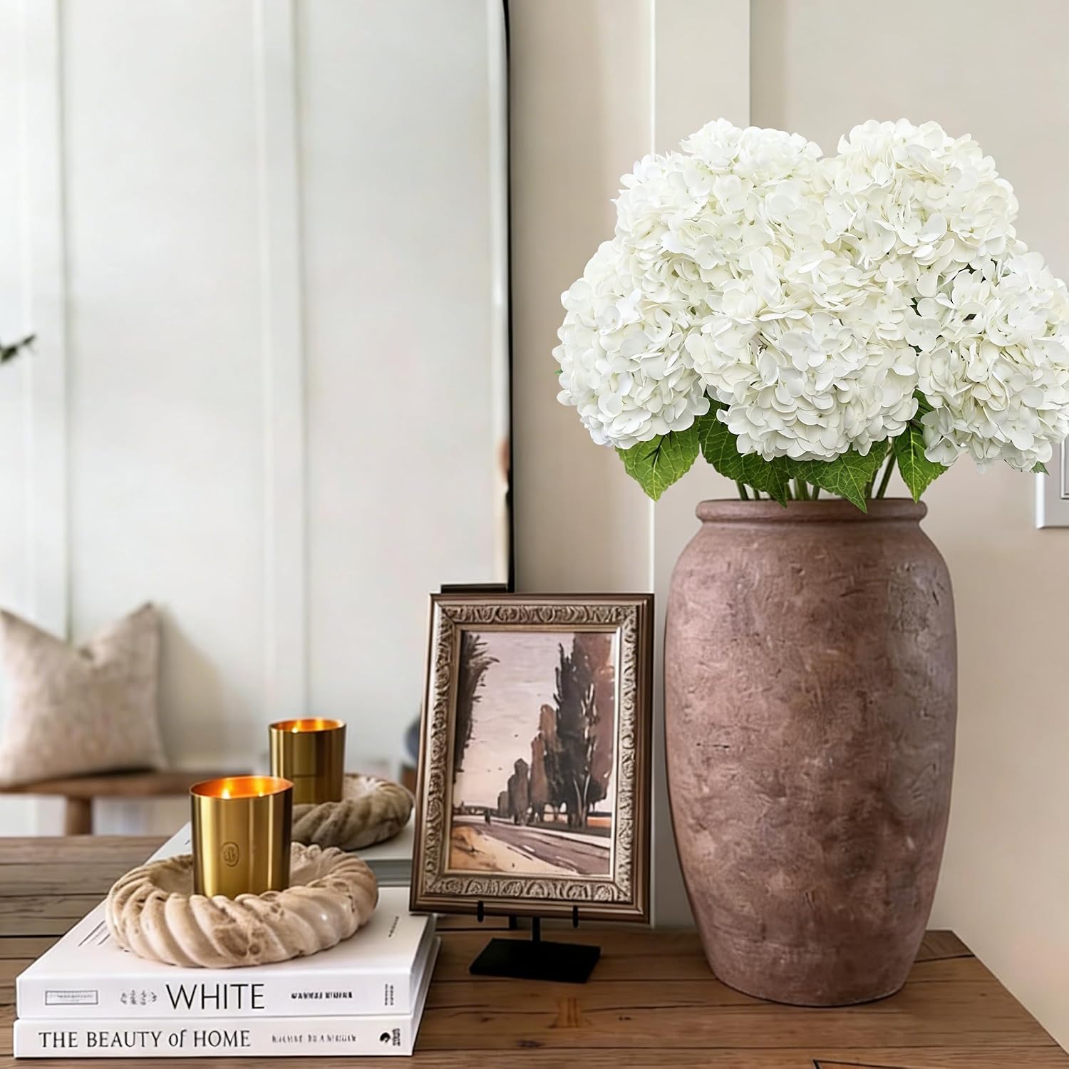 Coferset 4pcs White Lifelike Hydrangea Artificial Flowers 22inch Real Touch Faux Hydrangea Flower Stem for Home Party Wedding Floral Filler Arrangements Ceterpieces Bouquets