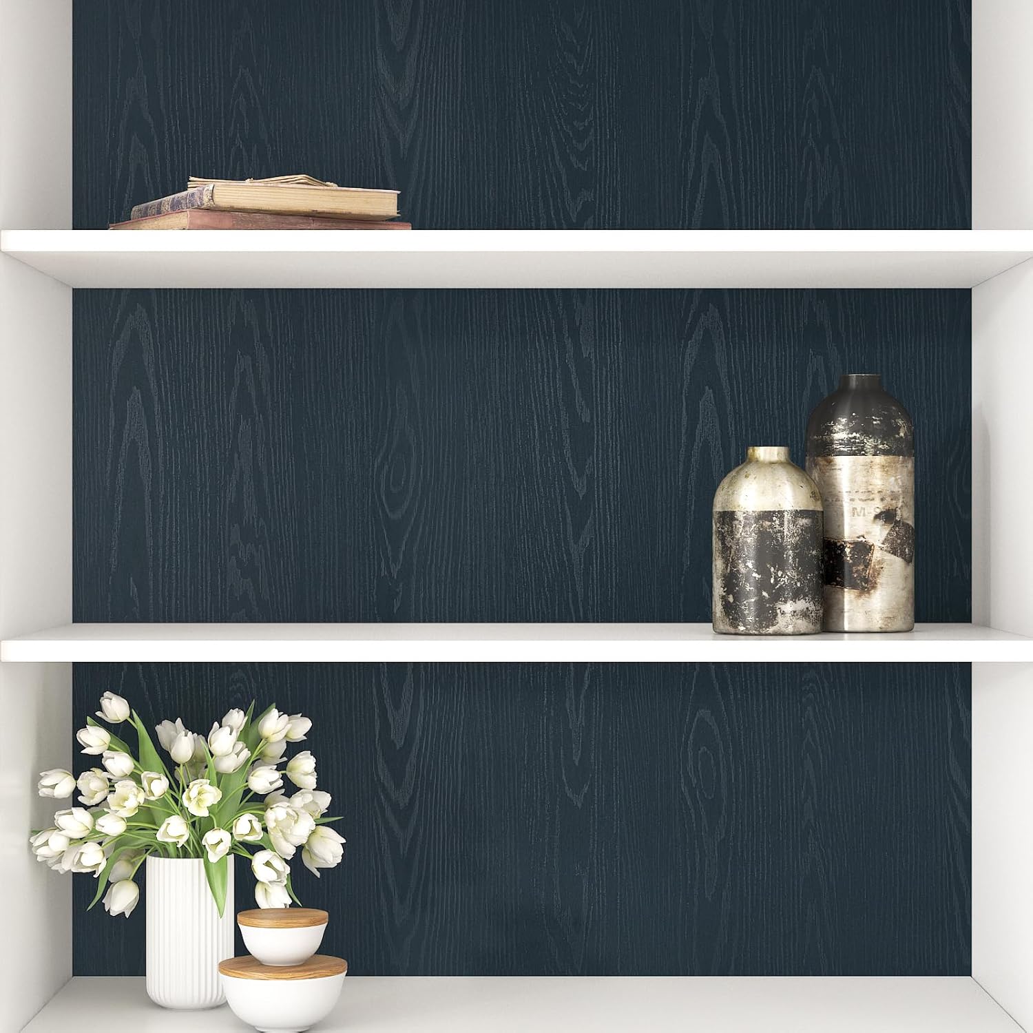 Wallercity Navy Blue Wood Grain Contact Paper for Countertops Vintage Wooden Peel and Stick Wallpaper for Kitchen Bathroom Self Adhesive Wallpapers for Counter Top Vinyl Warp for Cabinets 24''x118''