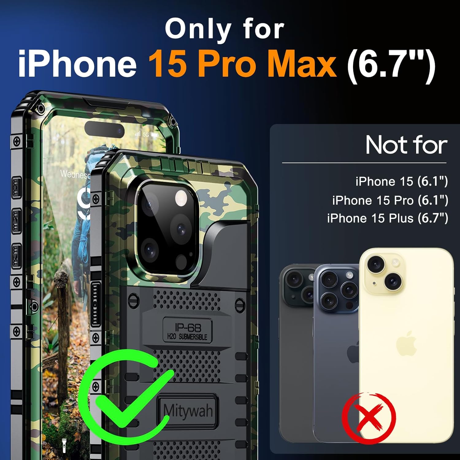 Mitywah Wateproof Case for iPhone 15 Pro Max, Military Grade Shockproof Cover for Outdoor Hiking and Climbing, Heavy Duty Metal Full Body Phone Case with Built-in Screen Protector, 6.7", Camouflage