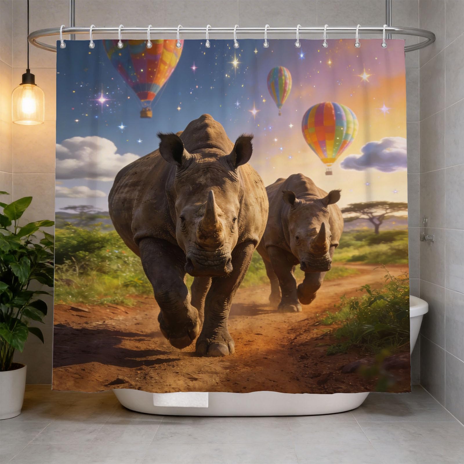 Hongduo 3D Fantasy Rhinoceros Shower Curtain for Stalls Bathtubs African Grassland Bathroom Decor Shower Curtain Set Polyester Fabric Waterproof 180x200cm/71X79 Inch with Hooks