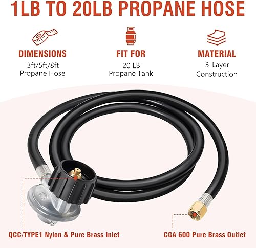 Miniatura 2 de Regulador de propano y manguera adaptadora de 8 pies, piezas de repuesto universales para regulador de parrilla de gas, manguera de tanque de