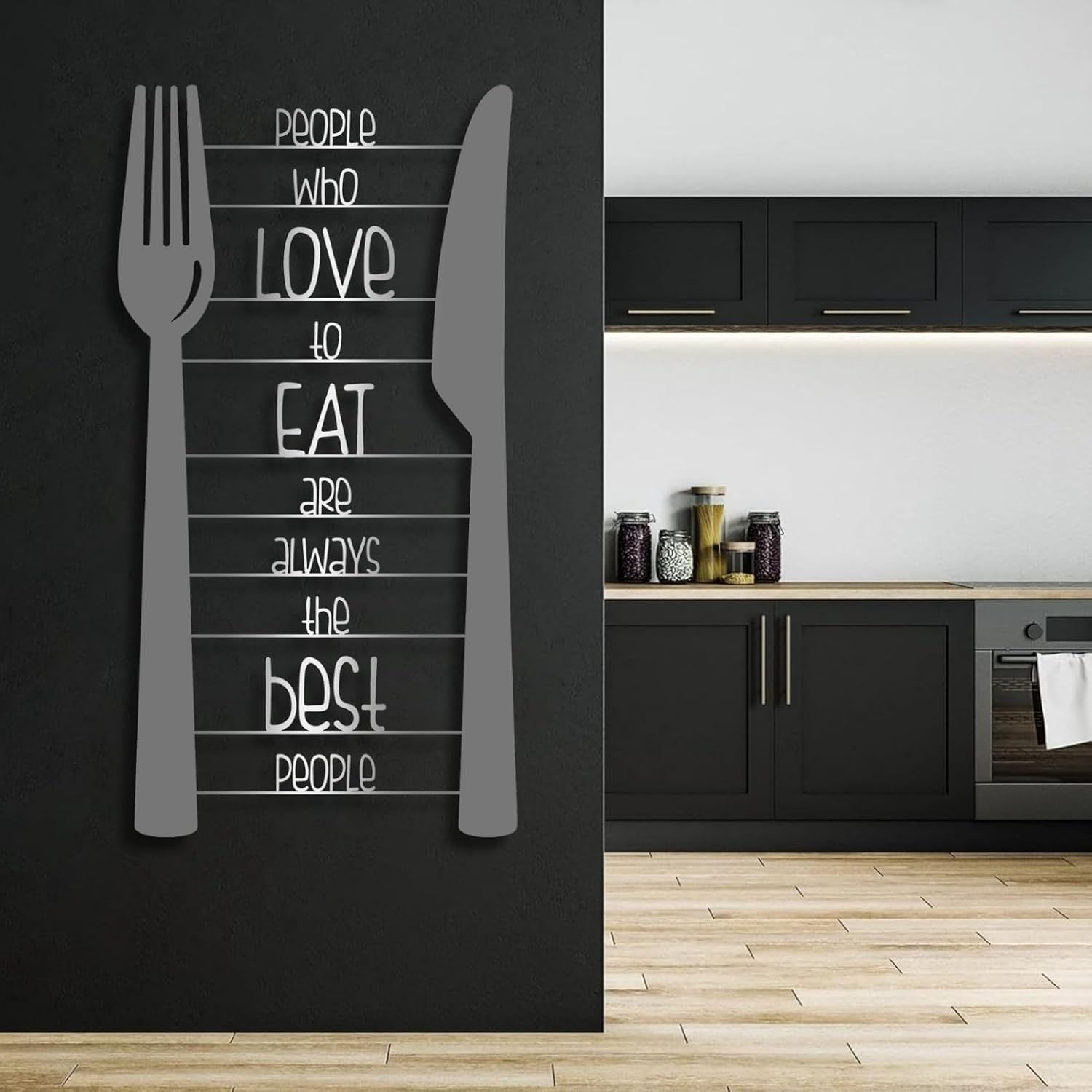 Metal Fork and Knife Wall Art, Metal Kitchen Wall Decor, Fork and Knife Art, Kitchen Utensil Decor, Word Sign, Table Setting, Dining Room Decortion, Housewarming Gift (Silver, 20"x 39"| 52x100cm)