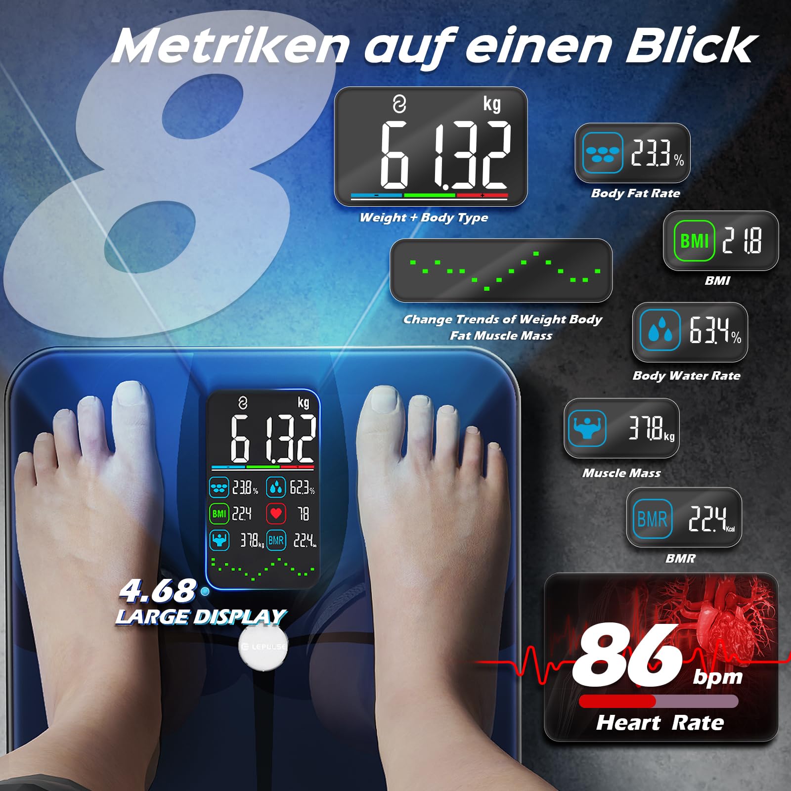 Bilancia Pesapersone Digitale, Bilancia Impedenziometrica Professionale, Smart Bilancia Massa Magra e Grassa BMI con 22 Indici, Bilancia Pesapersone Professionale con App (Ricaricabile)