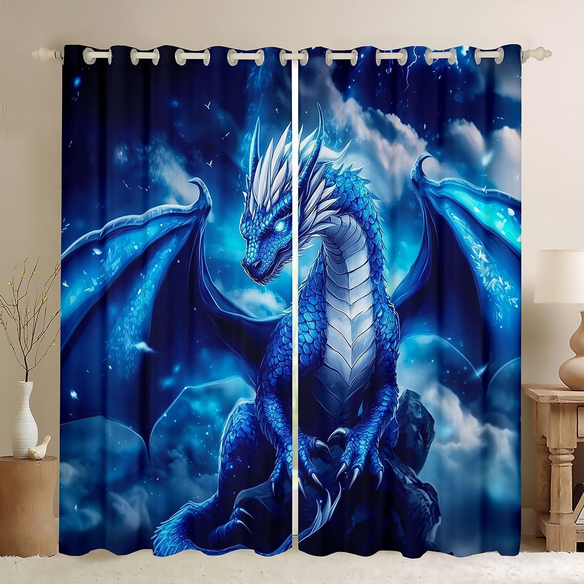 jejeloiu Golden Black Dragon Curtains for Bedroom Living Room (2 Panels, 42 x 90 Inch) Kids Western Dragon Darkening Drapes Boys Girls Fantasy 30%-50% Blackout Curtain Magic Window Treatments