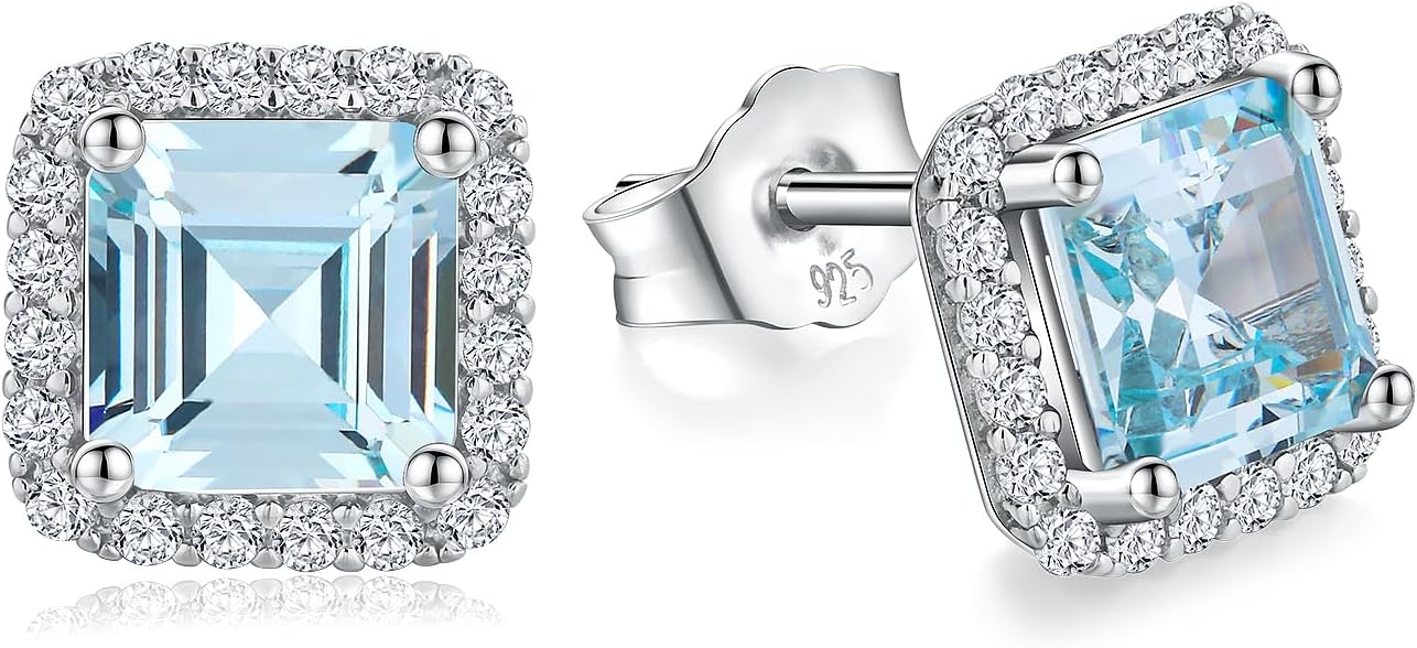 925 Sterling Silver Halo Birthstone Stud Earrings for Women Shiny Ear Studs Anniversary Birthday Valentines Jewelry (with Gift Box)