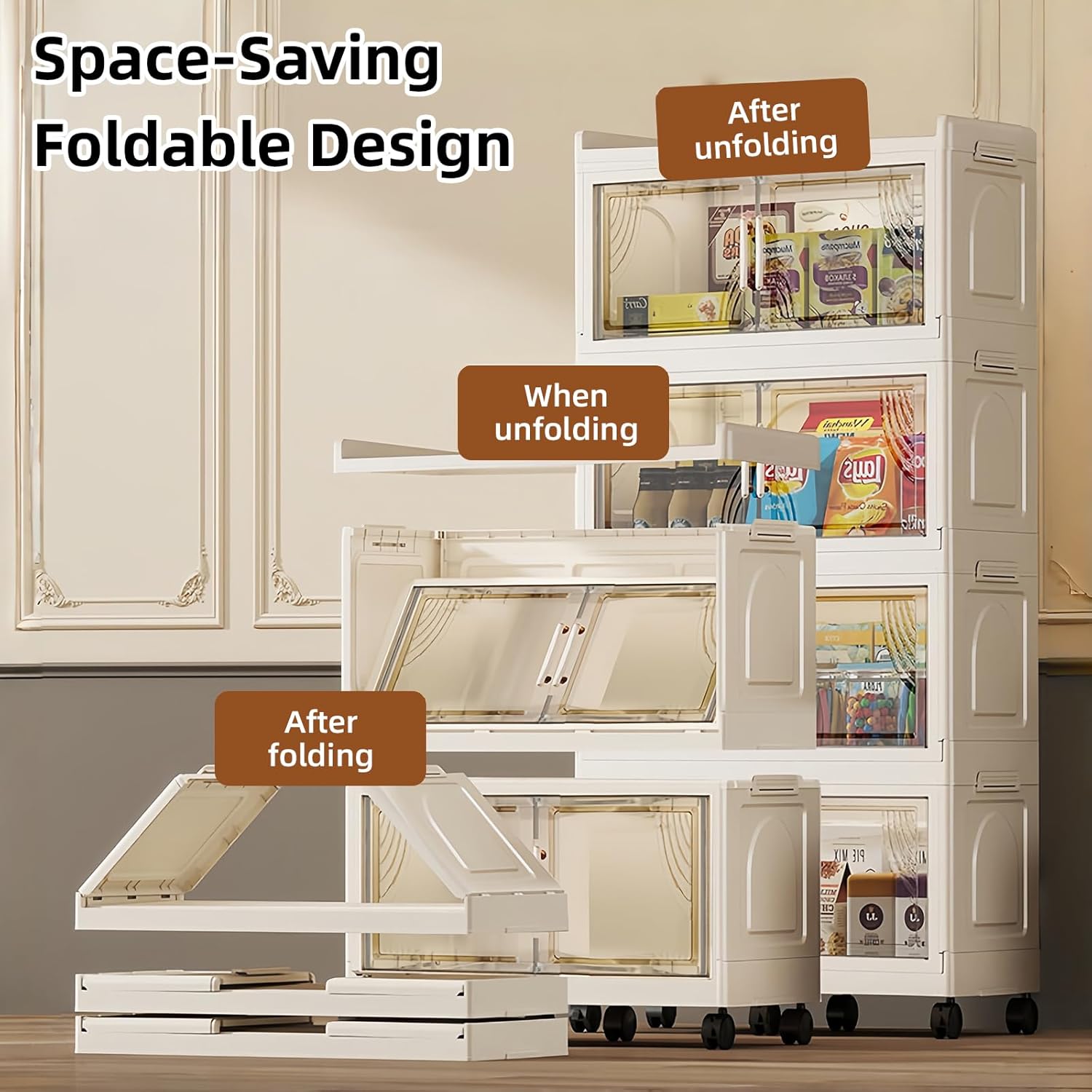 5 Tier Foldable Storage Cabinet with Lids, 313QT Large Premium PP Storage Organizer with Magnetic Doors and Wheels, Heavy Duty White Storage Bins for Home, Office, Kitchen, Dorm