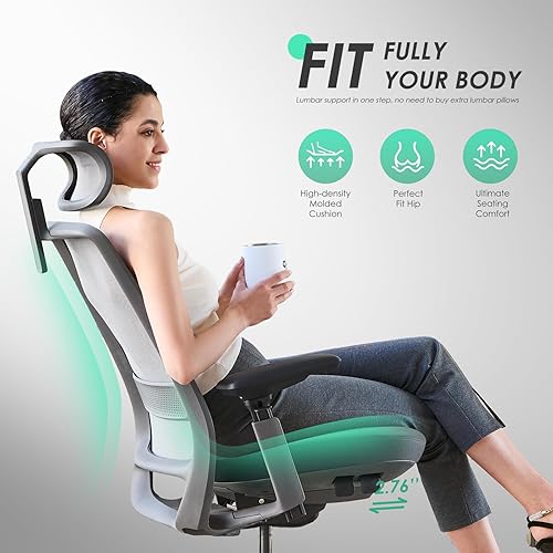 Miniatura 8 de COLAMY Silla de oficina ergonómica, silla de escritorio de malla con respaldo alto, soporte lumbar, reposacabezas ajustable y brazos 4D, asiento