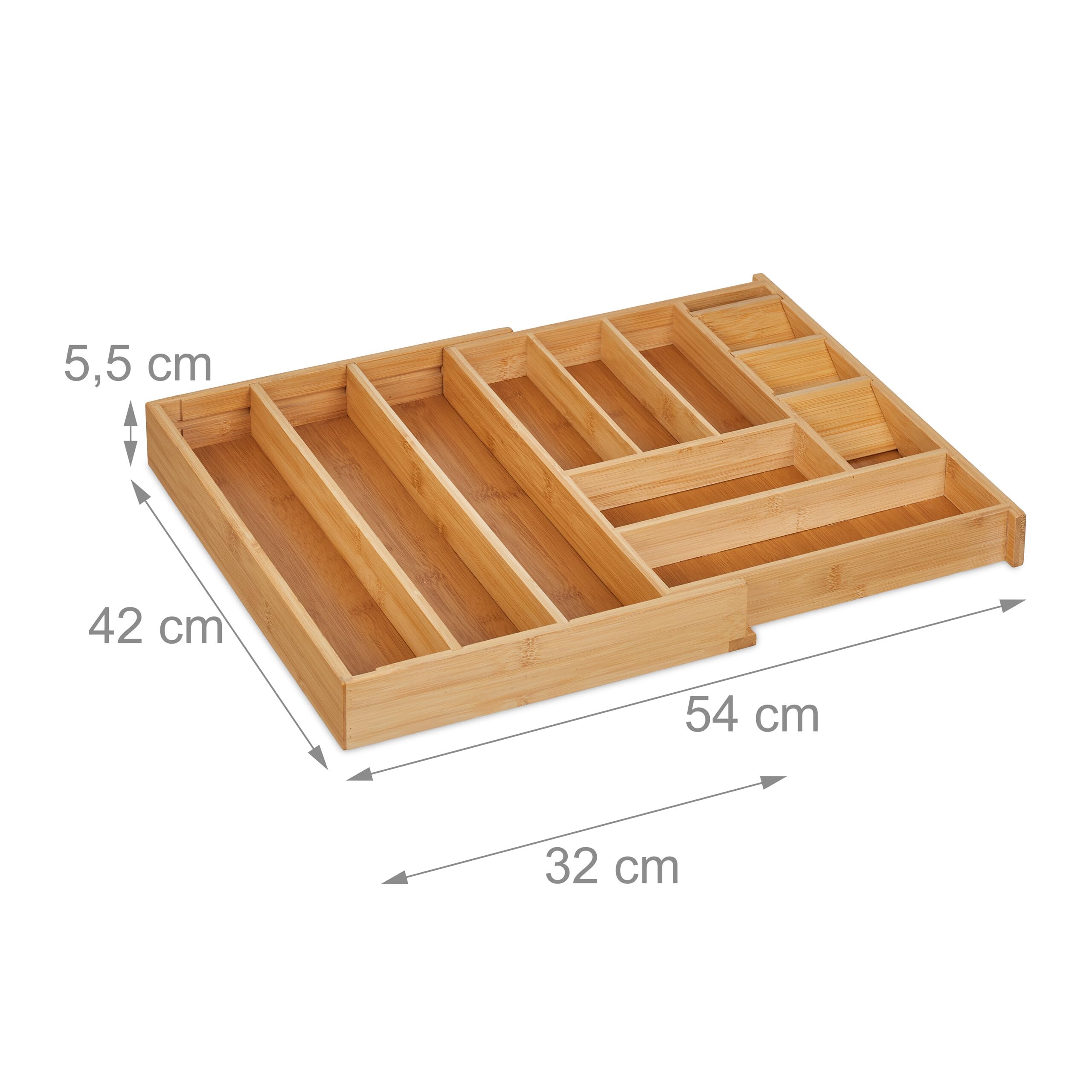 Relaxdays Pojemnik na sztućce, wysuwany, 8-11 przegródek, wys. x szer. x gł.: 5,5 x 32-54 x 42 cm, bambus i MDF, wkład do szuflad, naturalny